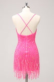 Sparkly Hot Pink Sequins V Neck Tight Prom Dress with Fringes