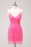 Sparkly Hot Pink Sequins V Neck Tight Prom Dress with Fringes