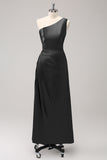 Black One Shoulder Satin Pleated Bridsmaid Dress