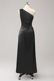 Black One Shoulder Satin Pleated Bridsmaid Dress