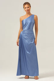 Blue One Shoulder Satin Keyhole Pleated A-Line Bridsmaid Dress