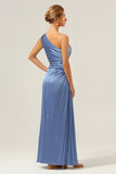 Blue One Shoulder Satin Keyhole Long Bridsmaid Dress