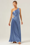 Blue One Shoulder Satin Keyhole Pleated A-Line Bridsmaid Dress