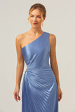 Blue One Shoulder Satin Keyhole Pleated A-Line Bridsmaid Dress