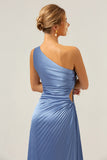 Blue One Shoulder Satin Keyhole Pleated A-Line Bridsmaid Dress