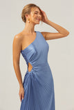 Blue One Shoulder Satin Keyhole Pleated A-Line Bridsmaid Dress