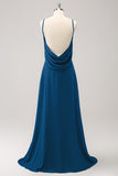 Simple Dusty Blue A-Line Chiffon Backless Long Bridesmaid Dress