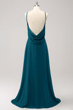 Simple Dusty Blue A-Line Chiffon Backless Long Bridesmaid Dress