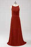 Rust Backless A-Line Chiffon Long Bridesmaid Dress