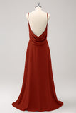 Rust Backless A-Line Chiffon Long Bridesmaid Dress