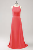 Rust Backless A-Line Chiffon Long Bridesmaid Dress