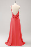 Rust Backless A-Line Chiffon Long Bridesmaid Dress