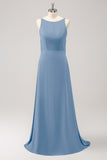 Simple Dusty Blue A-Line Chiffon Backless Long Bridesmaid Dress