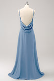 Simple Dusty Blue A-Line Chiffon Backless Long Bridesmaid Dress