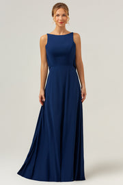 Navy Boat Neck Backless Chiffon A-Line Bridesmaid Dress