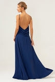 Navy Boat Neck Backless Chiffon A-Line Bridesmaid Dress