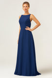 Navy Boat Neck Backless Chiffon A-Line Bridesmaid Dress