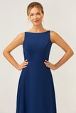 Navy Boat Neck Backless Chiffon A-Line Bridesmaid Dress