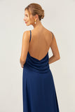 Navy Boat Neck Backless Chiffon A-Line Bridesmaid Dress