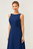 Navy Boat Neck Backless Chiffon A-Line Bridesmaid Dress