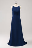 Navy Backless Chiffon A-Line Bridesmaid Dress