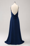 Navy Boat Neck Backless Chiffon A-Line Bridesmaid Dress