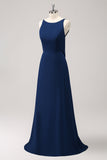 Navy Backless Chiffon A-Line Bridesmaid Dress