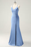 Blue Mermaid Spaghetti Straps Satin Bridesmaid Dress with Slit