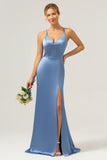 Blue Mermaid Spaghetti Straps Satin Bridesmaid Dress with Slit