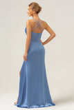 Blue Mermaid Spaghetti Straps V-Neck Satin Bridesmaid Dress with Slit