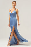 Blue Mermaid Spaghetti Straps V-Neck Satin Bridesmaid Dress with Slit