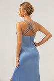 Blue Mermaid Spaghetti Straps V-Neck Satin Bridesmaid Dress with Slit