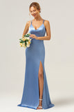 Blue Mermaid Spaghetti Straps V-Neck Satin Bridesmaid Dress with Slit