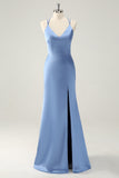 Blue Mermaid Spaghetti Straps V-Neck Satin Bridesmaid Dress with Slit