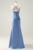 Blue Mermaid Spaghetti Straps V-Neck Satin Bridesmaid Dress with Slit