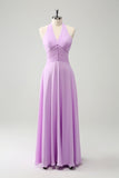 Purple A Line Halter Chiffon Pleated Backless Bridesmaid Dress