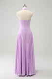 Purple A Line Halter Chiffon Pleated Backless Bridesmaid Dress