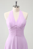 Purple A Line Halter Chiffon Long Backless Bridesmaid Dress