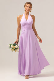 Purple A Line Halter Chiffon Pleated Backless Bridesmaid Dress