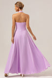 Purple A Line Halter Chiffon Pleated Backless Bridesmaid Dress