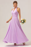 Purple A Line Halter Chiffon Pleated Backless Bridesmaid Dress