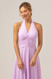 Purple A Line Halter Chiffon Pleated Backless Bridesmaid Dress