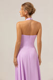 Purple A Line Halter Chiffon Pleated Backless Bridesmaid Dress