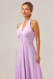 Purple A Line Halter Chiffon Pleated Backless Bridesmaid Dress