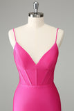 Fuchsia Bodycon Spaghetti Straps Satin Prom Dress