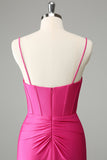 Fuchsia Bodycon Spaghetti Straps Satin Prom Dress