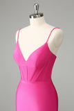 Fuchsia Bodycon Spaghetti Straps Satin Prom Dress