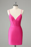 Fuchsia Bodycon Spaghetti Straps Satin Prom Dress