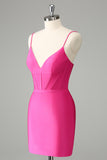 Fuchsia Bodycon Spaghetti Straps Satin Prom Dress