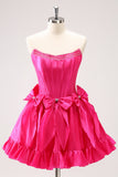 Fuchsia A Line Strapless Corset Short Prom Dress With Bows